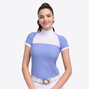 Chemise d'équitation pour femmes, bleu dégradé, manches courtes, respirante, tricotée, haut à taille haute, pantalon blanc, vêtements d'équitation - Product Image 1