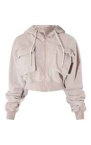 Sudadera Corta con Capucha para Mujer, Manga Larga, Cierre de Cremallera, Color Sólido, Mezcla de Algodón, Tejido de Punto, Ropa Casual de Otoño - Product Image 4