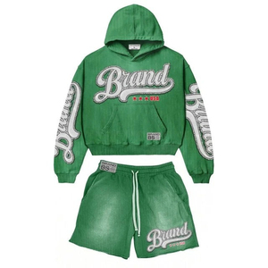 2026 Custom Brand Patch Printed Acid Wash Zip Hoodie & Shorts Set Heavyweight 100% Cotton 400 GSM Fleece Hoodie Set - Product Image 3