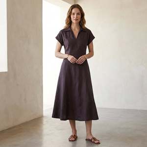 Brown Cotton Flax Paneled A-Line Midi <b>Dress</b> <b>For</b> <b>Women</b> Featuring Lightweight Fabric Modern Style Comfortable Fit <b>For</b> Everyday - Product Image 1