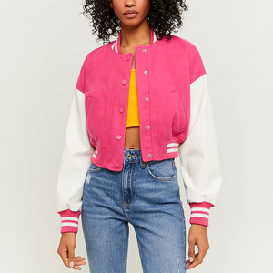 <b>Women</b> Plus Size Cropped Varsity <b>Jacket</b> Custom Logo High Street Style College Design Stand Collar Blank Letterman Plain Wholesale - Product Image 3