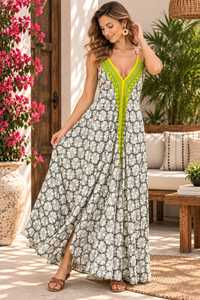 Vestido Maxi Boho con Cuello en V, Estampado Floral, Tirantes Finos, Corte Holgado, Vestido Casual de Verano para Mujer, Tejido Transpirable - Product Image 3