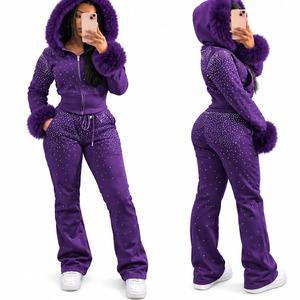 High Quality Women Faux Fur Trim Cropped Zip Hoodie Flare Pants 2 Piece Set <b>Y2K</b> Winter Athleisure <b>Tracksuit</b> - Product Image 5
