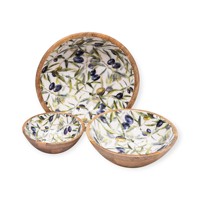 Ensemble de bols en bois de qualité supérieure avec finition émaillée à motif olive, bols de service pour salades, collations et repas