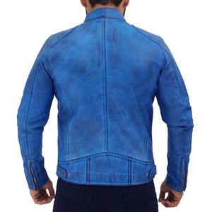Custom Men Vintage Blue Distressed Genuine Leather Jacket Slim Fit Biker Motorcycle Racer <b>Coat</b> <b>Stand</b> Collar Fashion Outerwear - Product Image 3