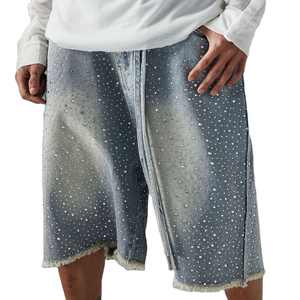 Pantalones Cortos Bermuda de Mezclilla para Hombre con Lentejuelas y Pedrería, Diseño de Puntos, Cintura Media, Cierre de Botones, Estilo Casual, Tejido de Lona - Product Image 1