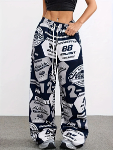 Unisex Quick Dry Wide Leg Pants All Over Vintage Letter Label Print Hip Hop Streetwear Drawstring Straight <b>Trousers</b> Y2k - Product Image 3