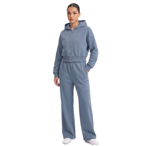 Conjunto de Sudadera Corta con Cremallera y Pantalones Anchos de Felpa para Mujer, Chándal de Forro Polar Pesado con Logotipo Personalizado, Conjunto de Algodón Premium - Product Image 1