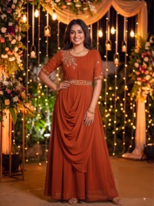 Multi Style Flaired Gowns Dupatta <b>Belt</b> Heavy Georgette Embroidery Hand <b>Work</b> Modern Design for Wedding/Party Occasions - Product Image 3