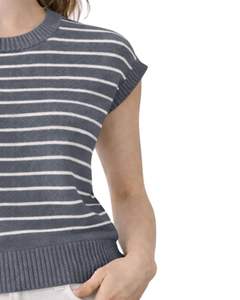 Gilet pull sans manches en tricot rayé gris et blanc pour femme, col rond, léger, décontracté, tendance été - Product Image 3