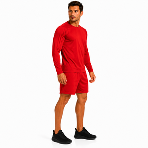 Custom Men Long Sleeve T Shirt and Shorts Set <b>Athletic</b> Raglan Top Elastic Waist Short Set Solid Color Gym Tracksuit Workout - Product Image 3