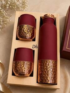 Botella de Agua Ecológica de Cobre Martillado con Juego de 2 Tazas, Acabado Rojo Dorado, Portátil para el Hogar, Viajes, Regalos Empresariales - Product Image 1