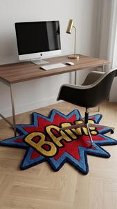 Alfombra de Lujo de Lana con Diseño de Cómics BAM, Hecha a Mano, Antideslizante, de Pelo Medio, en Rojo, Azul y Amarillo, Estilo Pop Art, para Sala de Estar - Product Image 6