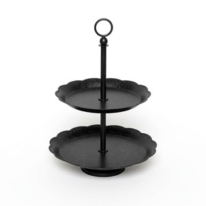 Support à gâteau en fer forgé noir mat à 2 niveaux, bord festonné, présentoir à desserts, support à cupcakes moderne en métal, plateau de service - Product Image 1