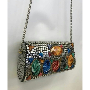 Multicolor Resin Mosaic Shoulder <b>Bag</b> with <b>Silver</b> Finish and Chain Strap Handmade Acrylic Designer <b>Clutch</b> - Product Image 1