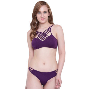 Ensemble bikini deux pièces violet pour femme, haut dos croisé, bas string, maillot de bain extensible ajouré - Product Image 2
