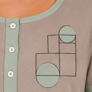 Taupe And Mint Women Two Piece Shorts Set Round Neck Button <b>Top</b> Geometric Print Casual Summer Cotton Lounge Wear Outfit Custom - Product Image 6