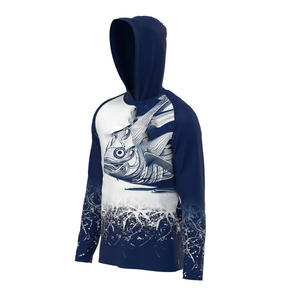 เสื้อฮู้ดตกปลาแขนยาวผู้ชาย UPF50 ป้องกันรังสียูวี ลายปลาพิมพ์ลาย เสื้อคลุมสำหรับกิจกรรมกลางแจ้ง สีน้ำเงินขาว - Product Image 1