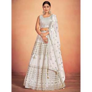 Magnifique Lehenga Choli de mariage en georgette blanche à sequins avec dupatta - Product Image 5