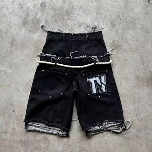 OEM Black Distressed Denim Shorts Rope Detail Rhinestone Streetwear Shorts rhinestone oversized 2026 - Product Image 6