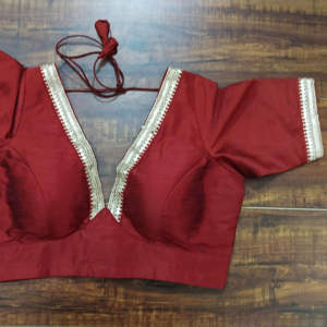 <b>Maroon</b> Woven 100% Polyester Elegant V Neck Short Crop <b>Top</b> Saree Blouse Breathable Anti-Wrinkle for Autumn/Winter Wedding - Product Image 1