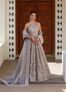 Premium Pakistani Bridle <b>Dress</b> <b>Silver</b> Metallic Sculptural Bridal Gown Featuring Bold Structured Padded Shoulders Intricate - Product Image 2