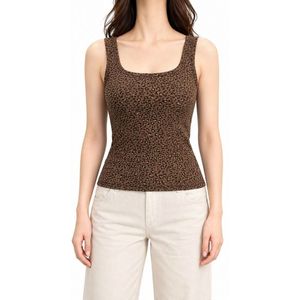 Camiseta sin Mangas con Estampado de Leopardo Marrón Personalizada para Mujer, Cuello Cuadrado, Algodón, Corte Ajustado, Informal, Verano, Moda - Product Image 2