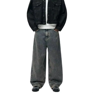 OEM Custom Logo Light Blue Baggy Men's Jeans 100% Cotton Wide Leg Pants Print Dark Colored Zip Washed High Street Plus Size - Product Image 1
