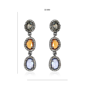 Boucles d'oreilles pendantes de créateur en argent 925 avec diamants naturels pavés et saphirs multiples, fermoirs à bouton, bijoux faits à la main, vente en gros - Product Image 1