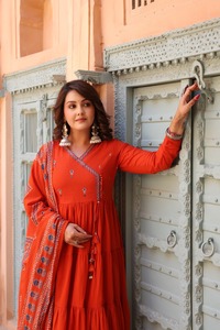 Stylish <b>Womens</b> Orange Cotton Pintex Embroidered Anarkali Set with Tiered <b>Kurta</b> Straight Pants and Floral Printed Dupatta - Product Image 4