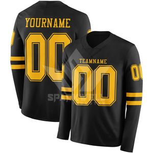 Custom Men's Black <b>Gold</b> American Football Jersey V-Neck Full Sleeve Sublimated Moisture Wicking Team Name <b>Number</b> Print - Product Image 2