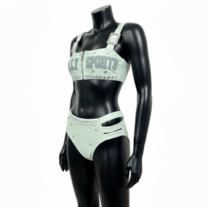 Traje de Baño Premium para Mujer en Verde Menta, Nylon y Spandex GSM, con Pedrería y Logotipo Personalizado por Transferencia Térmica - Product Image 4