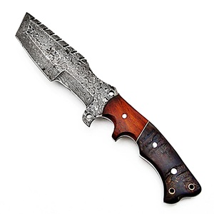 Handmade DIY Damascus Steel Outdoor Knife with Serrated Spine and Wooden Handle with <b>Leather</b> Sheath for Camping Use OEM - Product Image 5