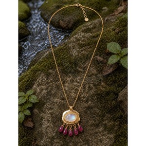 Handmade Gold Plated Brass <b>Necklace</b> with White Rainbow Moonstone Center & Ruby Quartz Drop Pendant Boho <b>Statement</b> Jewelry - Product Image 2
