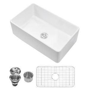 Lavello da Cucina Bianco Stile Rustico 33.5x20 Pollici con Grembialino Frontale, Vasca Singola Quadrata in Argilla Refrattaria, Installazione Sottopiano, Workstation con Opzioni Multiple di Alimentazione CA - Product Image 1