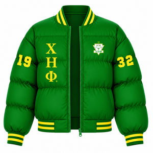 Veste matelassée personnalisée Chi Eta Phi Sorority avec logo brodé sur le devant, couleur verte et jaune, manches longues, pour femme - Product Image 3