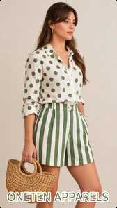 ONETEN APPARELS Ensemble chemisier vert à pois et short rayé pour femme, tenue décontractée d'été en 2 pièces - Product Image 5