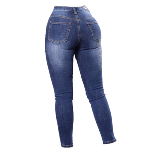 Jeans de mezclilla elásticos ajustados de cintura alta rasgados vintage para mujer, estilo casual y urbano, azules, hasta el tobillo, a la moda - Product Image 4