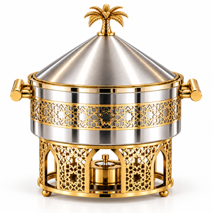 Plat à chafing rond de luxe en acier inoxydable de style arabe avec couvercle conique, motif palmier et support doré décoratif - Product Image 1