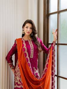 Conjunto de diseñador Zari con bordado de lentejuelas y lentejuelas de hilo Chinon, top con pantalón Plazzo y dupatta, completamente cosido y listo para usar. - Product Image 4