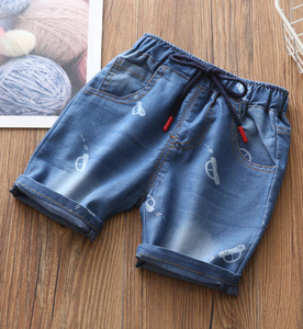 Shorts en jean pour garçons avec broderie de dessins animés, taille élastique, décontractés, en coton lavé - Product Image 5