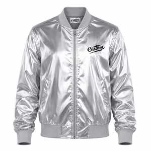 Custom <b>Men's</b> Silver Satin Bomber <b>Jacket</b> Stand Collar Embroidered Front Logo <b>Pullover</b> Closure Casual Winter Streetwear - Product Image 3