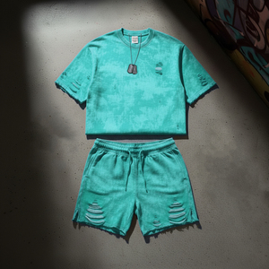 Custom Made Acid Washed Distressed Tshirts Oversized Blank 100 Cotton t Shirt and Shorts Set Men - Product Image 4