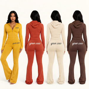 Premium Custom Women's Workout Tracksuit <b>Zipper</b> Hoodie Flare Pants <b>Leggings</b> Two Piece Sportswear Streetwear Set - Product Image 3