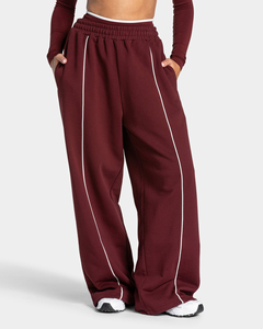 OEM Women's Burgundy Contrastline <b>Oversized</b> <b>Sweatpants</b> Cotton Fleece Elastic Waist Back Pocket Premium Quality Wideleg Joggers - Product Image 1