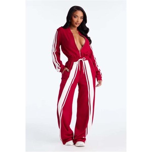 Mono de punto transpirable de manga larga a rayas rojas para mujer, de cintura alta, ajuste holgado, largo completo, estilo casual urbano, con cuello en V - Product Image 1