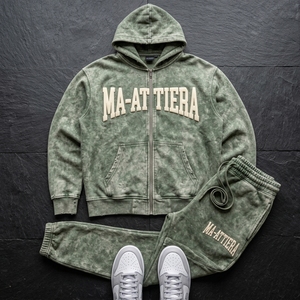 Ensemble de survêtement zippé vert sauge délavé pour homme, sweat-shirt brodé et pantalon de jogging, streetwear, sportswear, activewear, tenue décontractée - Product Image 4