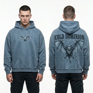 Sweat à capuche imprimé personnalisé avec motif chauve-souris pour homme, en molleton de coton épais, noir délavé à l'acide, style streetwear, service de fabrication pour marques - Product Image 5