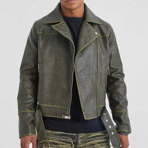 Men's Olive Green Cowhide Leather Moto Jacket Turn down Collar Zipper Closure Regular Fit Autumn Wear Genuine Soft Napa Leather - Product Image 5