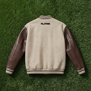 <b>Men</b> Cream Wool <b>Leather</b> Sleeve Bomber <b>Jacket</b> <b>Brown</b> Crocodile Texture Custom Embroidered Premium Streetwear - Product Image 5